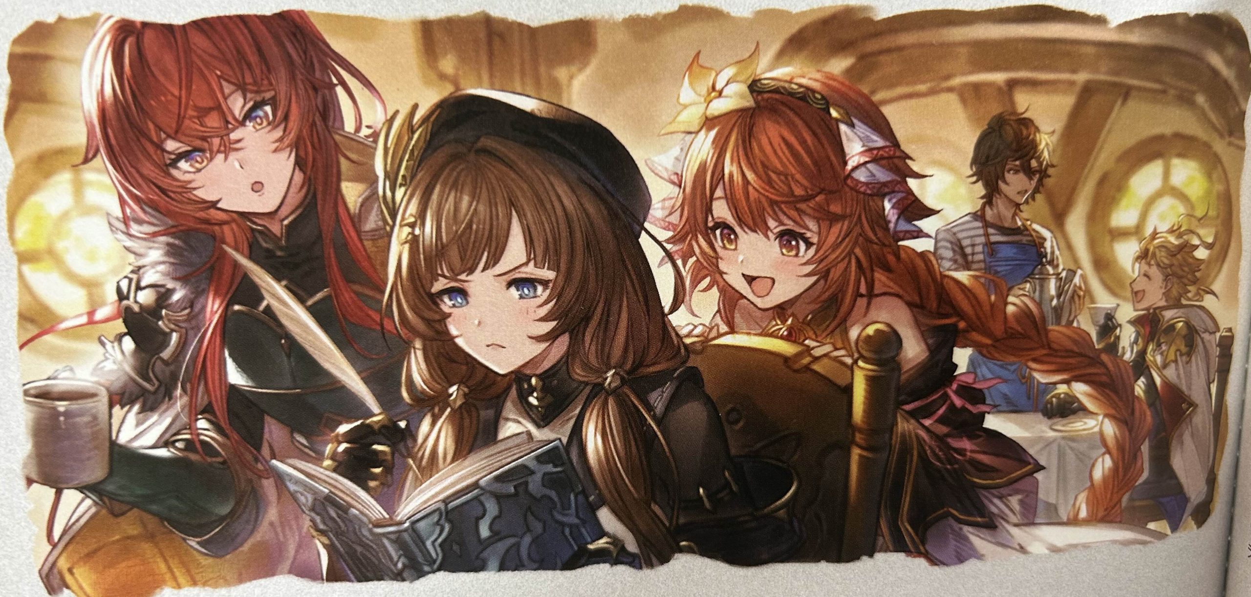 Illustration from the Extra Fes 2024 pamphlet, featuring Sabrina, Raziel, and Fenie, with Sandalphon and Seofon in the background